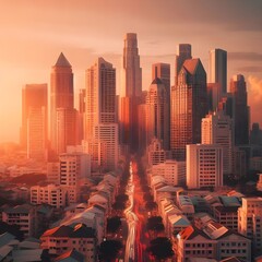 Tall buildings like new york skyline during golden hour sunset, showing nature's brilliance and beautiful scenery 
