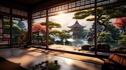 Fototapeta na wymiar View from the beautiful residence to Japan Garden