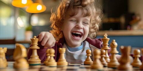 Joyful kid playing chess, embracing strategy & learning. candid moment captured in warm indoor lighting. educational playtime. AI