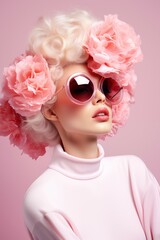 Portrait of a woman wearing sunglasses. With peony flowers on her head. Pale pink colors. Spring blooming concept.