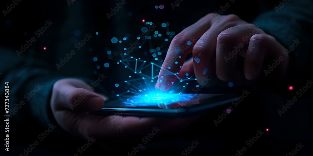Poster futuristic touch interaction with smartphone. technology concept with glowing screen. digital commun