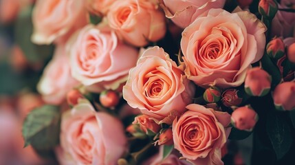 Close-up of a beautiful bouquet of pink roses with buds on a soft, blurred background. Isolated on white. Romantic and elegant floral arrangement.