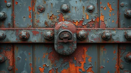 a weathered industrial door, capturing the peeling paint and metal textures