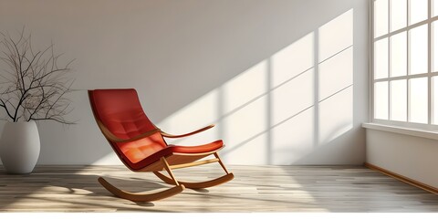 Modern minimalist interior with a red chair basking in sunlight. peaceful, serene room design. ideal for home decor inspiration. AI