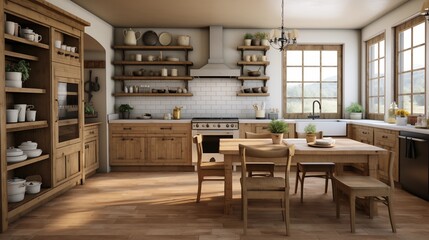 Design a rural farmhouse kitchen with distressed wood cabinets, a large farmhouse sink, and open shelving for a cozy, country feelar