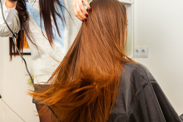 Photo of a European girl with long and beautiful brunette hair at the beauty salon. Shiny and...