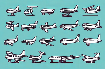 Jet airplane set. Air transport. Air flight symbol. Passenger airplanes. Cartoon airplanes on blue cyan background