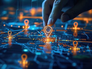 Charting the Path to the Future: Digital Hands Securely Grasp a Map Location Pin - Abstract Map Icon Symbolizes Innovation in Shipping, Logistics, and Office Research. AI - obrazy, fototapety, plakaty