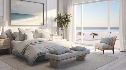 Design a serene coastal bedroom with a palette of soft blues, whites, and sandy neutrals for a calming atmospherear