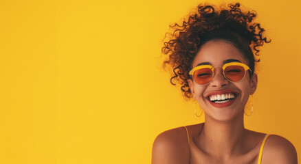 happy smiling young black woman with afro hair. Spring portrait of excited young woman. Happy African woman in glasses looking at camera, smiling. - obrazy, fototapety, plakaty