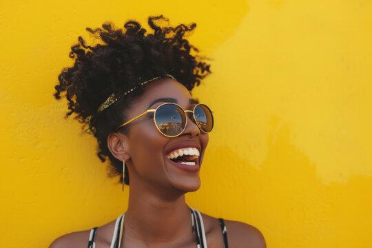 happy smiling young black woman with afro hair. Spring portrait of excited young woman. Happy African woman in glasses looking at camera, smiling.