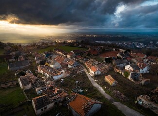 Destroyed houses after hurricane. Natural disaster.