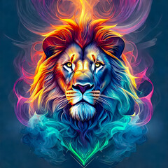Tete de lion dans une ambiance colorée style néon