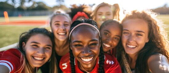 Joyful group of female friends and teammates, with diverse backgrounds, happily posing on a football field for a selfie to post on social media.