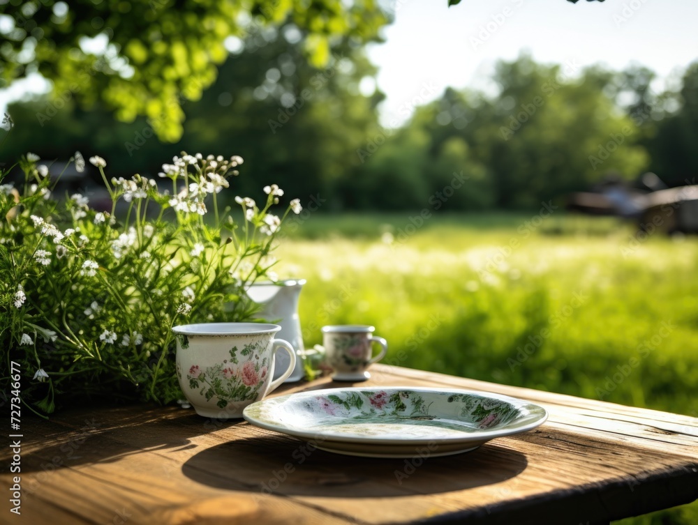 Poster a table with a cup and saucer on it in front of a field. generative ai.