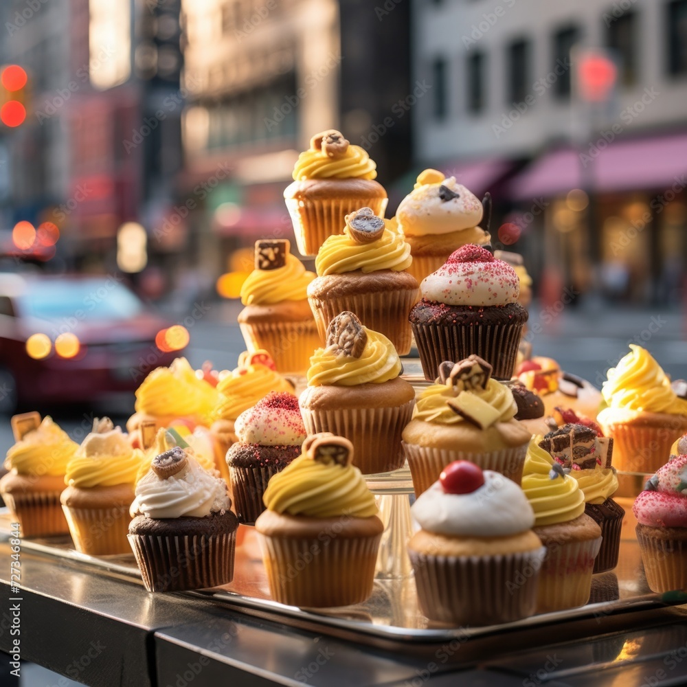 Poster a tray of cupcakes is on a table in front of a city. generative ai.