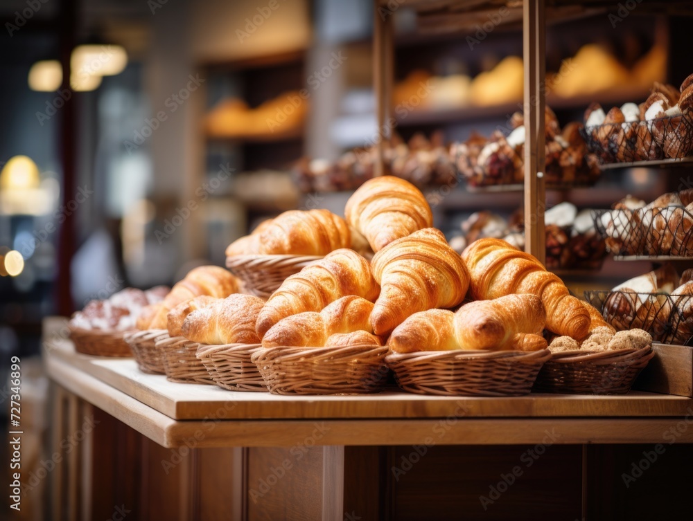 Poster bakery display with bread and croissants. generative ai.