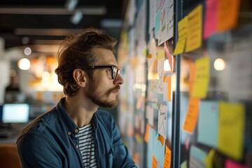 Visionary entrepreneur brainstorming innovative ideas in a high-tech startup space