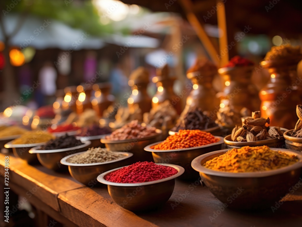 Poster many different types of spices are displayed in bowls. generative ai.