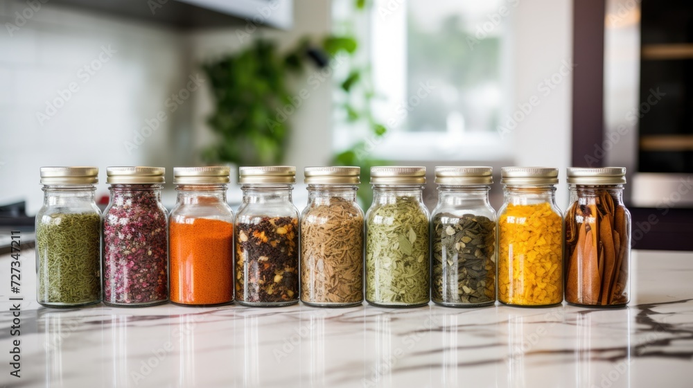 Poster a group of jars with different spices and herbs. generative ai.
