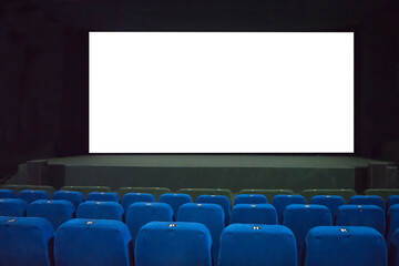 Empty movie cinema with rows of blue seats and PNG isolated screen with transparent background