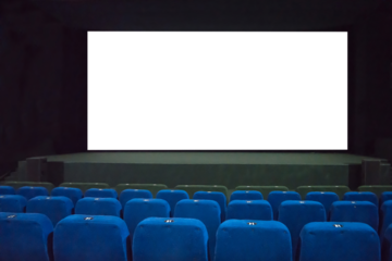 Empty movie cinema with rows of blue seats and PNG isolated screen with transparent background
