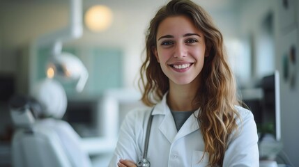 Fototapeta premium young, cheerful dentist who takes pride in her work. large copyspace area, offcenter composition.