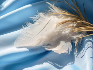 A white feather on a blue cloth. Generative AI.