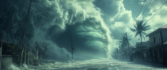 Tsunami Impact: A massive tsunami wave crashes ashore, engulfing everything in its path, with devastating consequences.