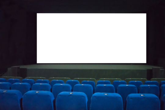 Empty movie cinema with rows of blue seats and PNG isolated screen with transparent background