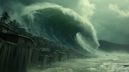 Tsunami Impact: A massive tsunami wave crashes ashore, engulfing everything in its path, with devastating consequences. - obrazy, fototapety, plakaty