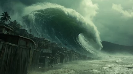 Fotobehang Tsunami Impact: A massive tsunami wave crashes ashore, engulfing everything in its path, with devastating consequences. © olegganko