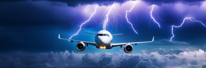 The plane flies through a storm with lots of lightning in a storm