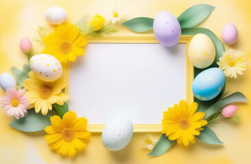 Naklejka na ściany i meble Easter border of eggs, spring flowers, bows, Easter bunny with copy space in the middle. Happy Easter background. Flat lay, top view, copyspace. Pastel colors frame, free place for text. Banner design