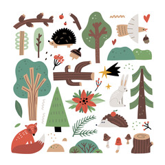 Forest animals. Hand drawn cartoon scandinavian style set, cute scandi elk and fox, bird and hare. Little hedgehog and owl. Doodle print for t-shirt and nursery, woodland vector isolated illustration