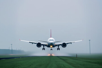 Obraz premium View of airplane on airport runway under beautiful cloudy sky. turbines of an aircraft. Travel and vacation concept. Copy space banner
