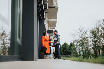 Fototapeta premium Elegant woman in bright orange coat talking to a man with a suitcase on a modern city street, encapsulating urban lifestyle and casual meetings.