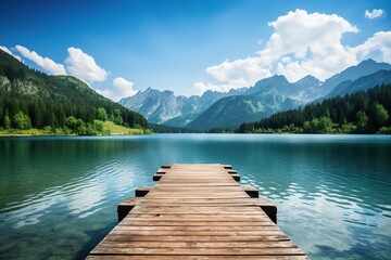 Wooden pier over the clean blue lake in mountain forest on sunny summer day