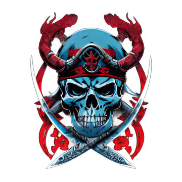 Illustrations of pirate skulls, samurai skulls, skulls for mascots, t-shirt images