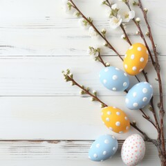 Easter background with eggs and cherry branches
