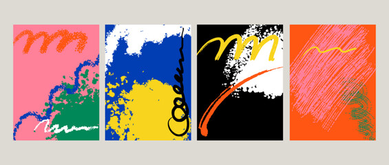 Abstract poster. Paint stains and blobs vertical background, colorful banner collection. Social media post. Art graphic design. Bright brushstrokes and minimalistic line. Vector contemporary set