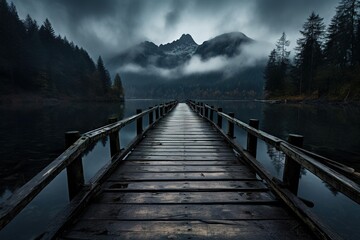 Wooden jetty over the mountain lake with forest on rainy cloudy gloomy day - Powered by Adobe