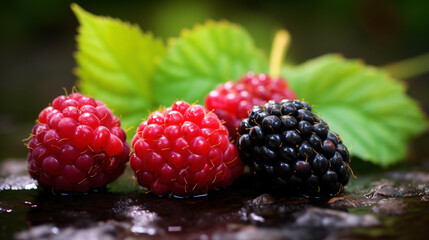 Wild blackberry and raspberry with a blurred back