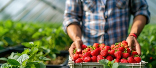 Unidentified farmer in casual wear with a crate of newly harvested strawberries. Close-up of strawberry plants in greenhouse. Organic fruit cultivation.