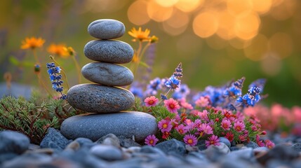 Obraz na płótnie Canvas Stacked stones among flowers symbolize tranquility and harmony. Suitable for wellness and meditation spaces. a concept of balance.