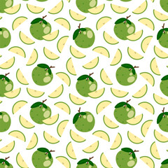Green apple seamless pattern on a white background. Cute hand drawn illustration