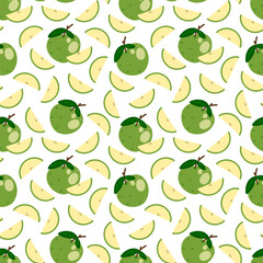 Green apple seamless pattern on a white background. Cute hand drawn illustration