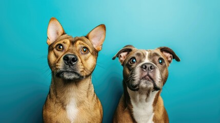 Two dogs posing against a blue background.