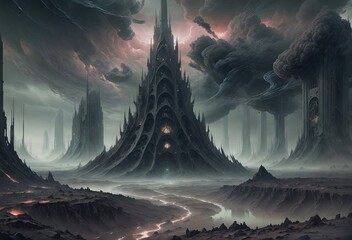 A fantastic landscape with dark towers rising above the arid landscape. Clouds surround the towers, and the land around them looks lifeless and deserted