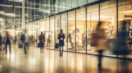 Blurred background of a modern shopping mall with some shoppers and mannequins in fashion shopfronts - obrazy, fototapety, plakaty